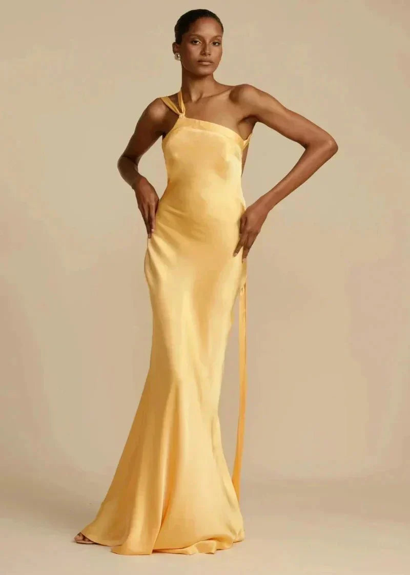 Sydney | One-Shoulder Satijnen Look Avondjurk met Open Rug