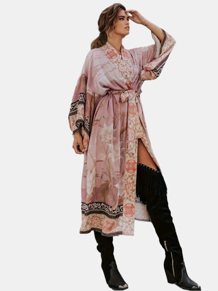Greta | Dames kimono jurk met ceintuur print