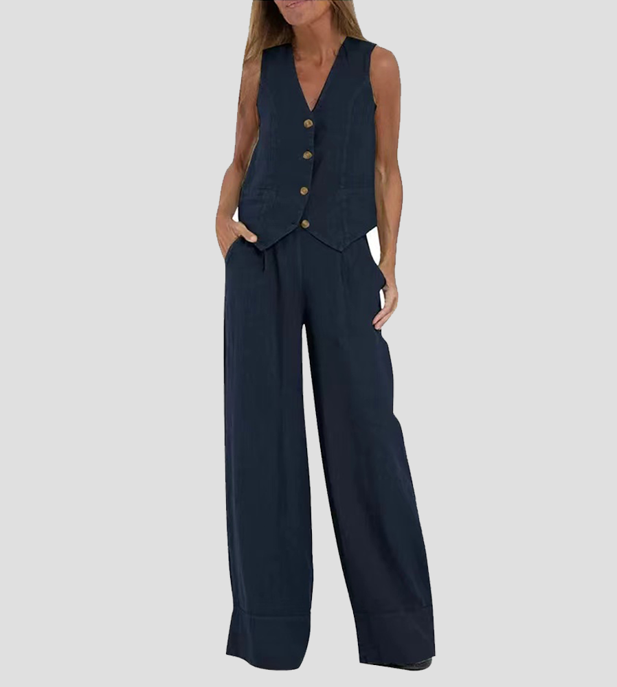 Aaliyah | Dames linnen set V-hals wijde broek