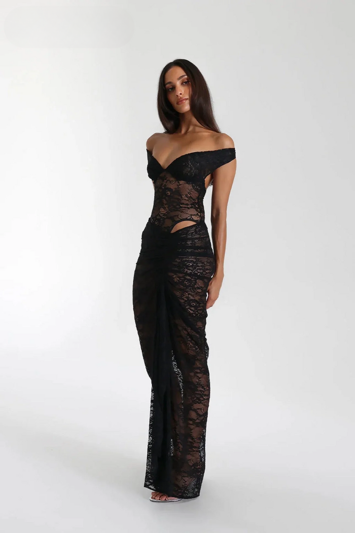 Anaisa | Dames maxi jurk met open schouders uitsnijding