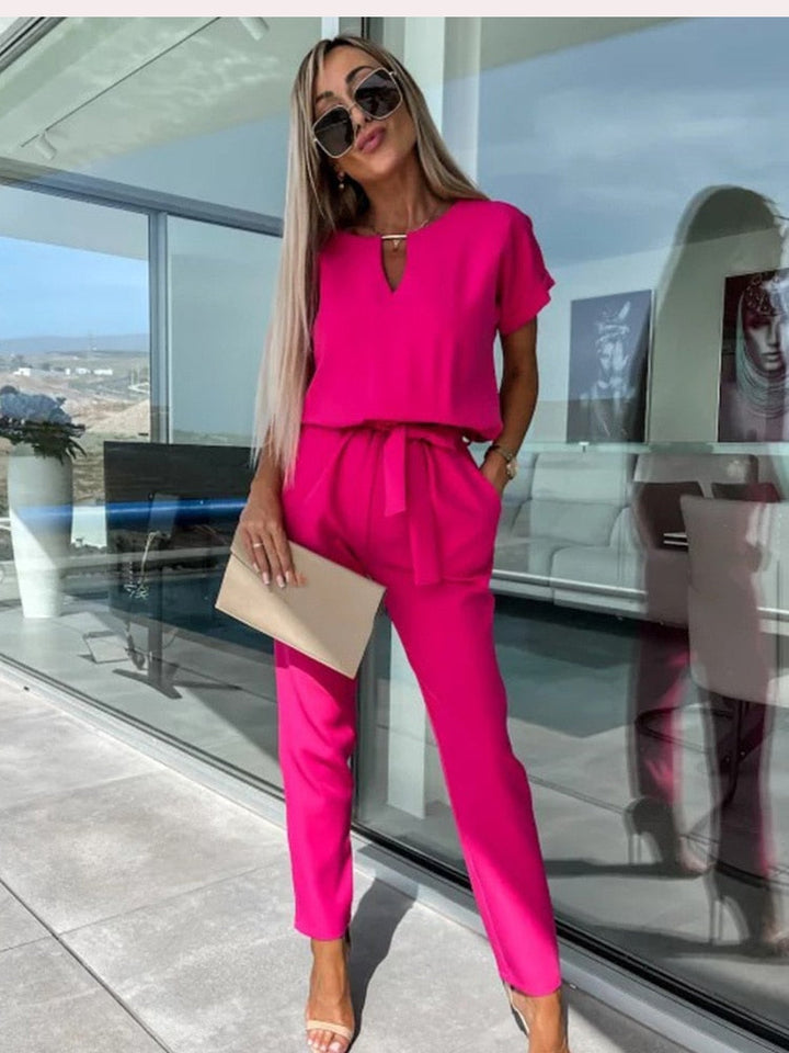 Elegante Jumpsuit Set Voor Dames Met Korte Mouwen En Ceintuur