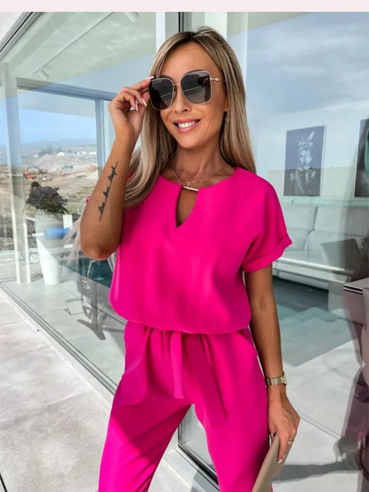 Elegante Jumpsuit Set Voor Dames Met Korte Mouwen En Ceintuur