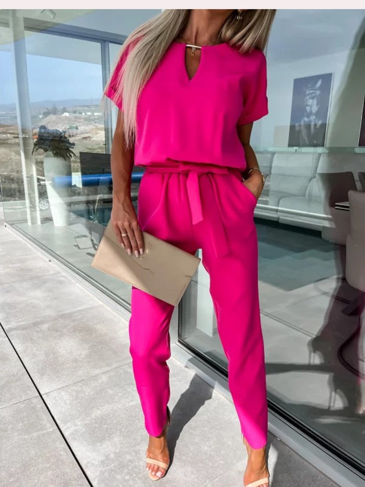 Elegante Jumpsuit Set Voor Dames Met Korte Mouwen En Ceintuur