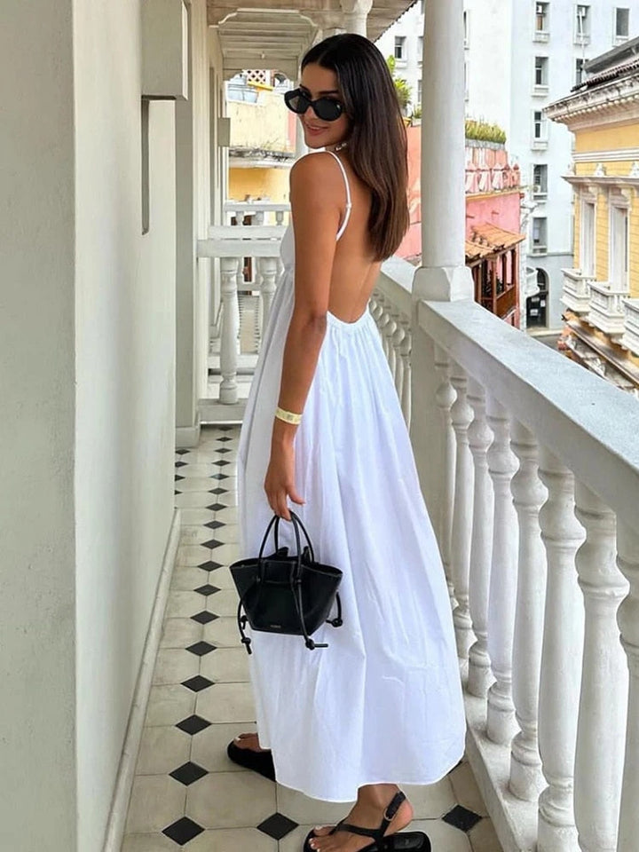 Ocean | Dames maxi jurk met V-hals spaghettibandjes plooitaille