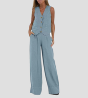 Juana | Elegante Mouwloze Linnen Set met V-Hals Gilet en Wijde Broek