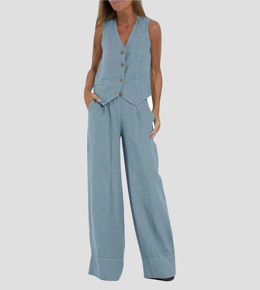 Aaliyah | Dames linnen set V-hals wijde broek