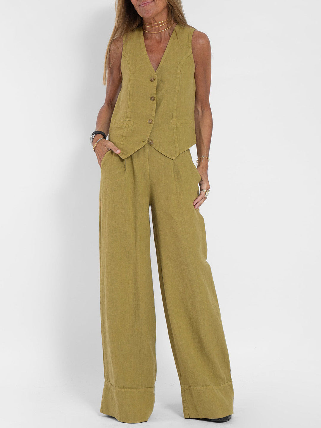 Aaliyah | Dames linnen set V-hals wijde broek