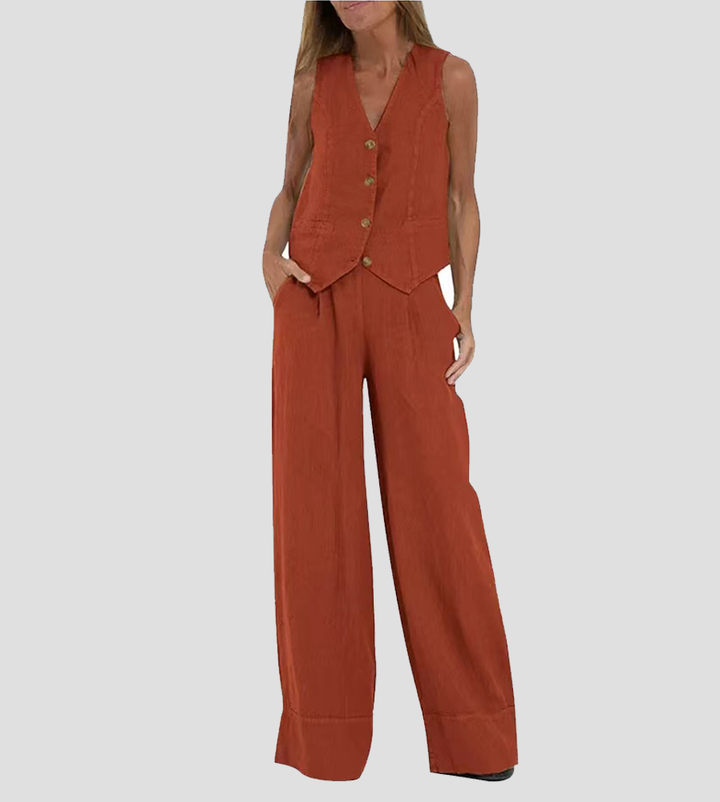 Aaliyah | Dames linnen set V-hals wijde broek