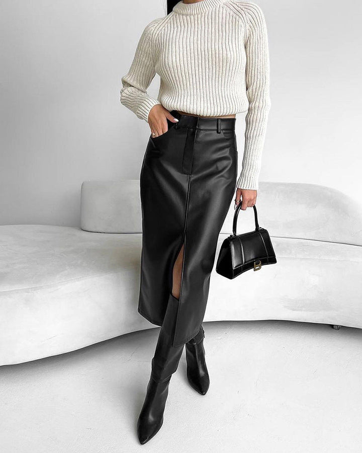Isa | Dames high-waist midi rok van imitatieleer met split