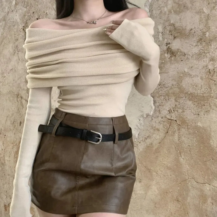 Aisha | Dames Trui met Off-Shoulder Halslijn en Ribstructuur