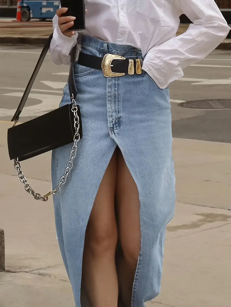 Giada | Denim Maxi Rok Dames – Hoge Taille & Split Voorzijde