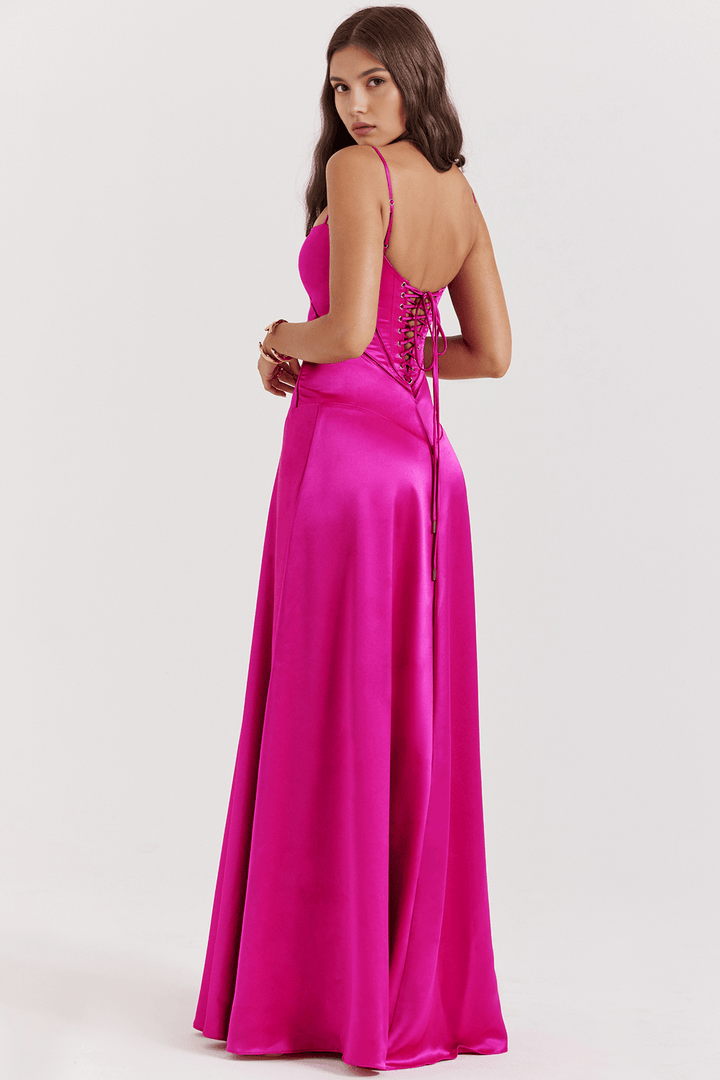 Olivia | Dames jurk maxi bustier strapless satijn look