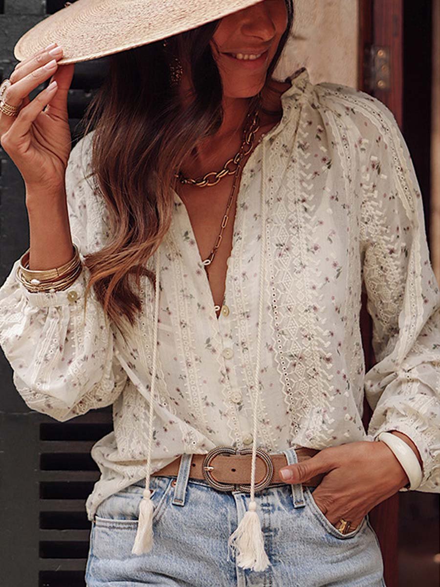Geborduurde Kant Chiffon Blouse met Bloemen