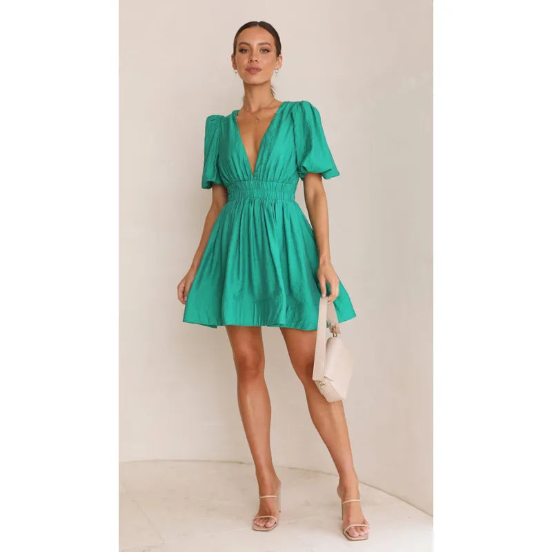 Sara | Dames Mini Jurk met V-hals en pofmouwen