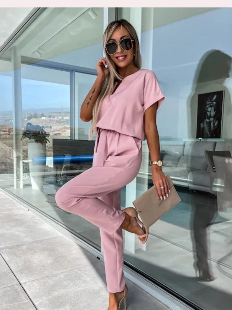 Elegante Jumpsuit Set Voor Dames Met Korte Mouwen En Ceintuur