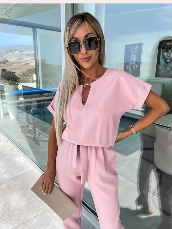 Elegante Jumpsuit Set Voor Dames Met Korte Mouwen En Ceintuur