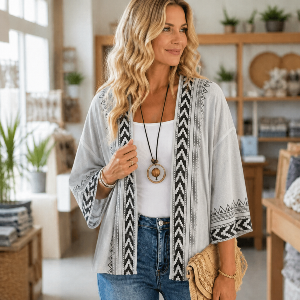 Wearbella – Retro Geometrische Print Open-Front Cardigan