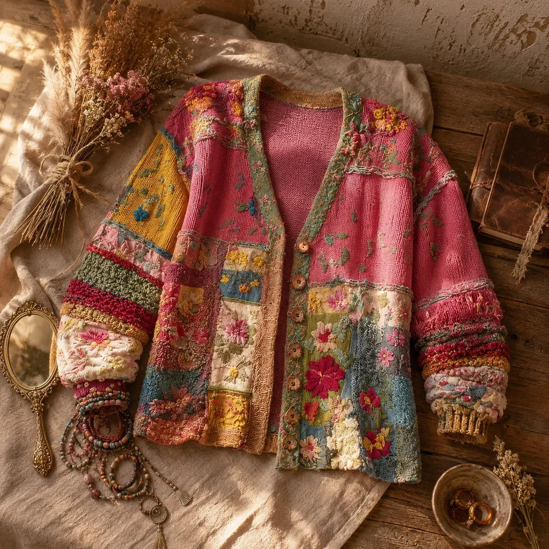 Solenne – Geborduurde Look Bloemen Patchwork Boho Cardigan