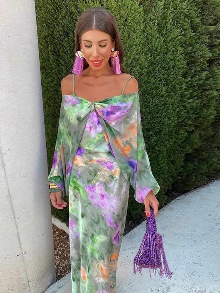 Anneke | Dames jurk maxi spaghettibandjes open rug bloemenprint