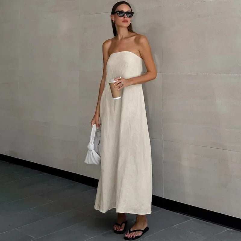 Hind | Maxi Strapless Linnen Jurk - Minimalistische Elegantie