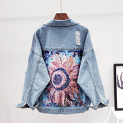 Spijkerjack met Artistieke Zonnebloemprint