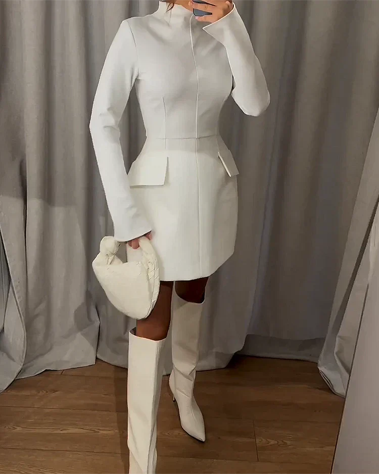Noemi | Elegante Dames Mini Jurk – Hoge Hals & Lange Mouw