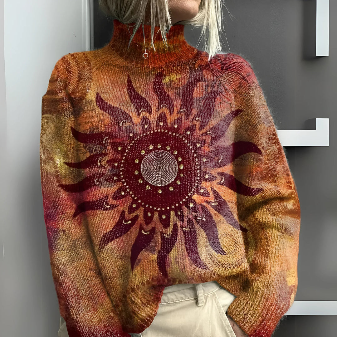 Eline - Warme gebreide rolkragenpullover met tribale zonmotief