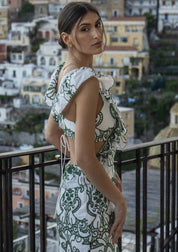 Amalia | Lange Katoenen Zomerjurk met Open Rug – Wit-Groen