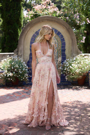Orella | Maxi jurk Roze met Bloemenprint - Pareldetail en met Split