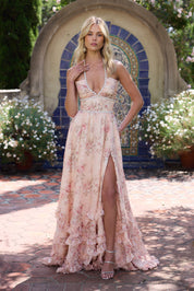 Orella | Maxi jurk Roze met Bloemenprint - Pareldetail en met Split