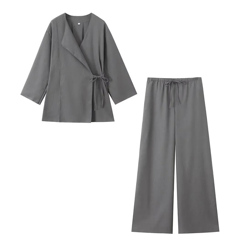 Eva | Dames tweedelige set wikkelblouse wijde broek