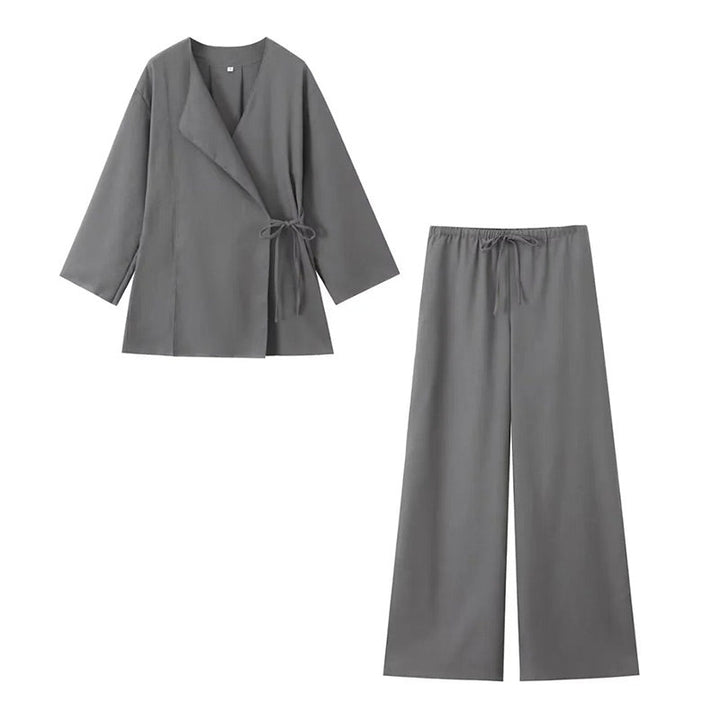 Eva | Dames tweedelige set wikkelblouse wijde broek