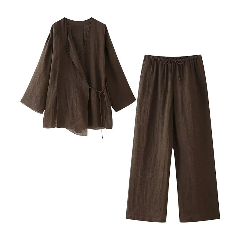 Eva | Dames tweedelige set wikkelblouse wijde broek
