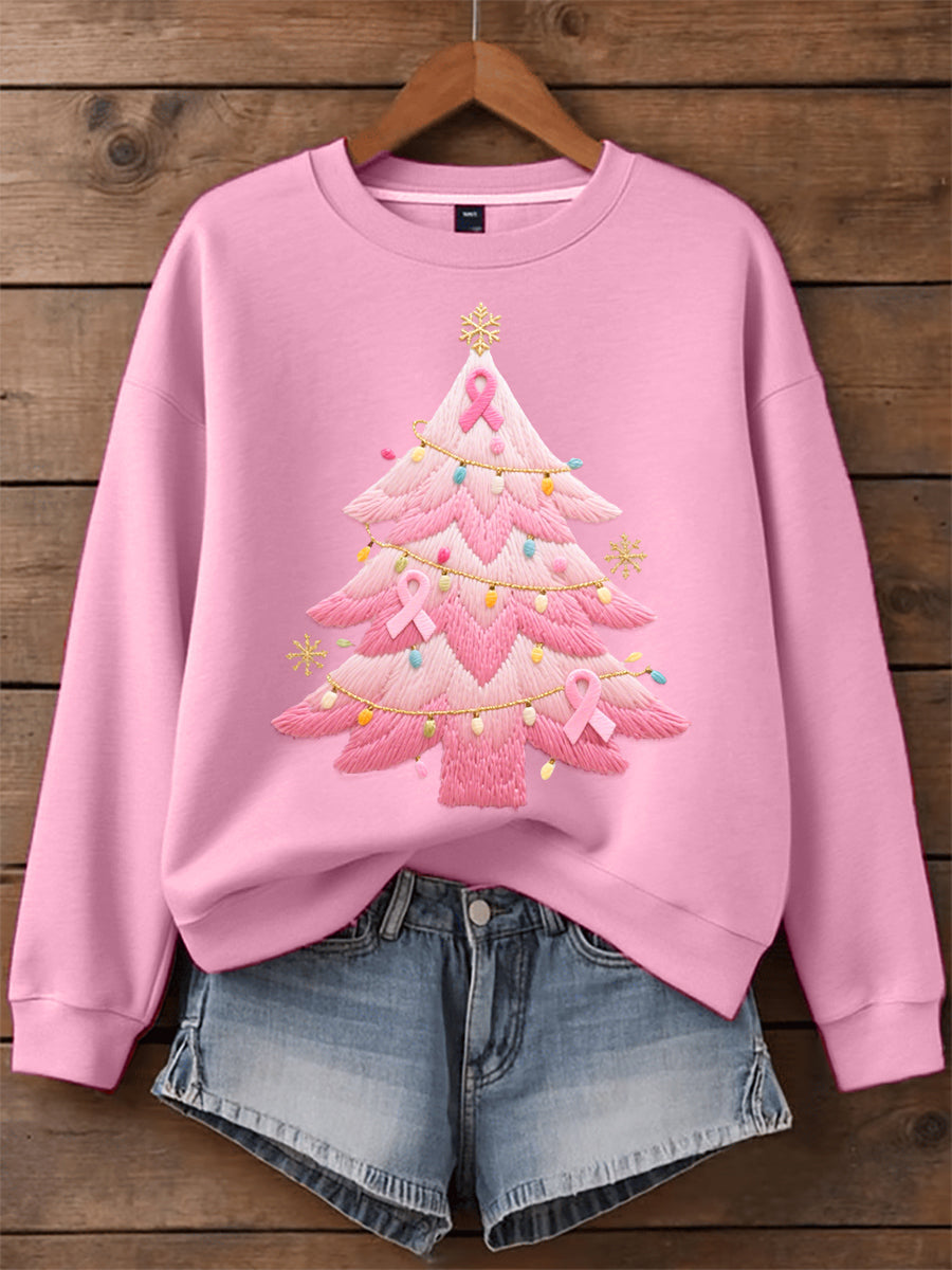Dames Sweatshirt met Geborduurde Kerstboom in Roze