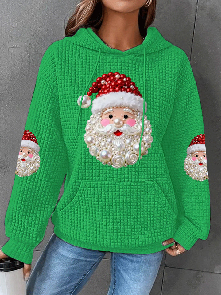 Dames Kerstparels Santa Claus Druk Casual Wafel Hoodie
