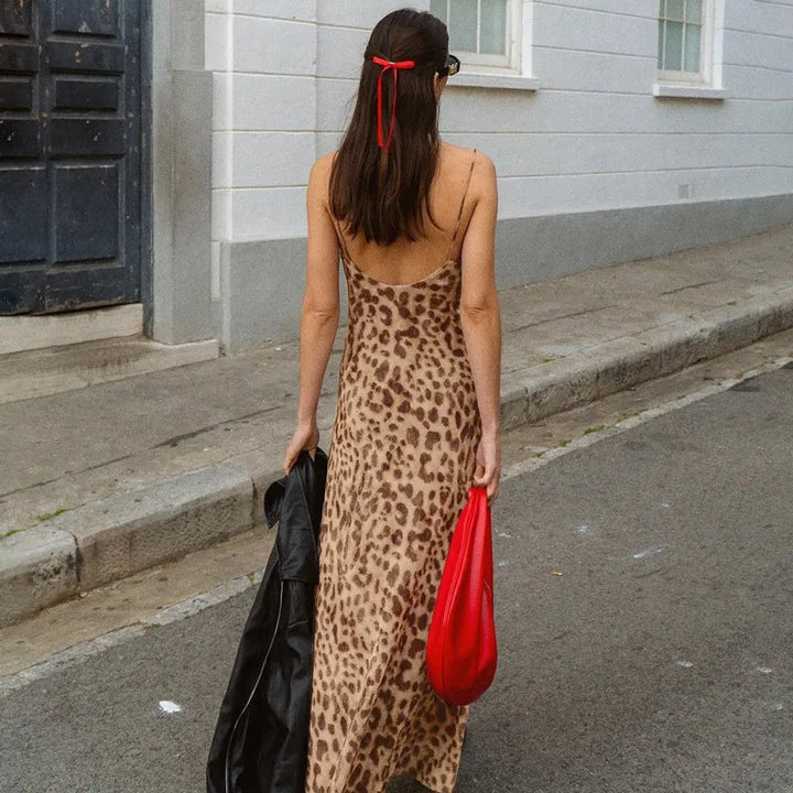 Bente | Dames jurk maxi luipaard print spaghettibandjes