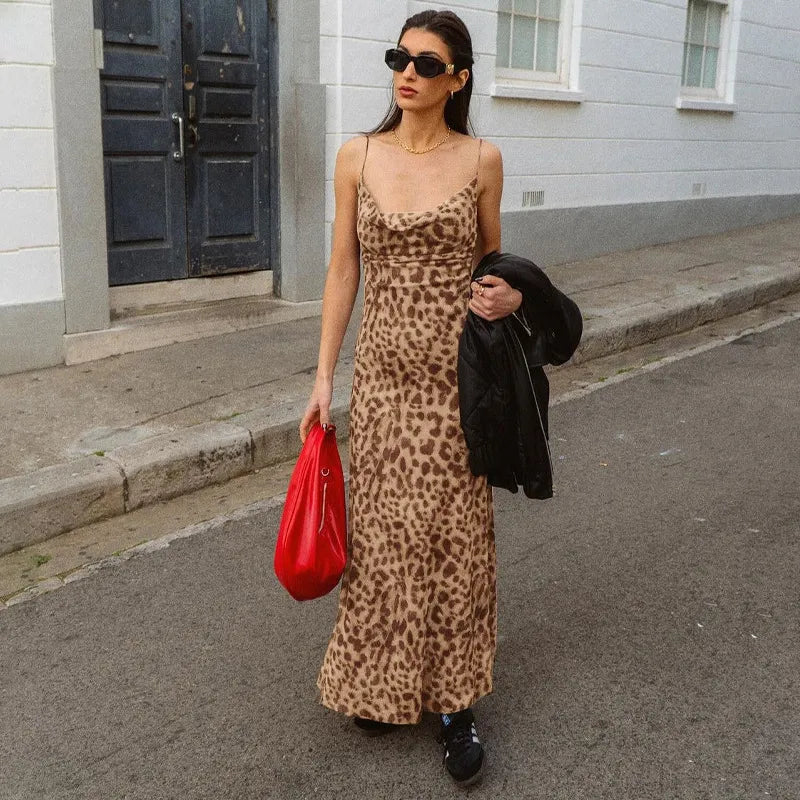 Bente | Dames jurk maxi luipaard print spaghettibandjes