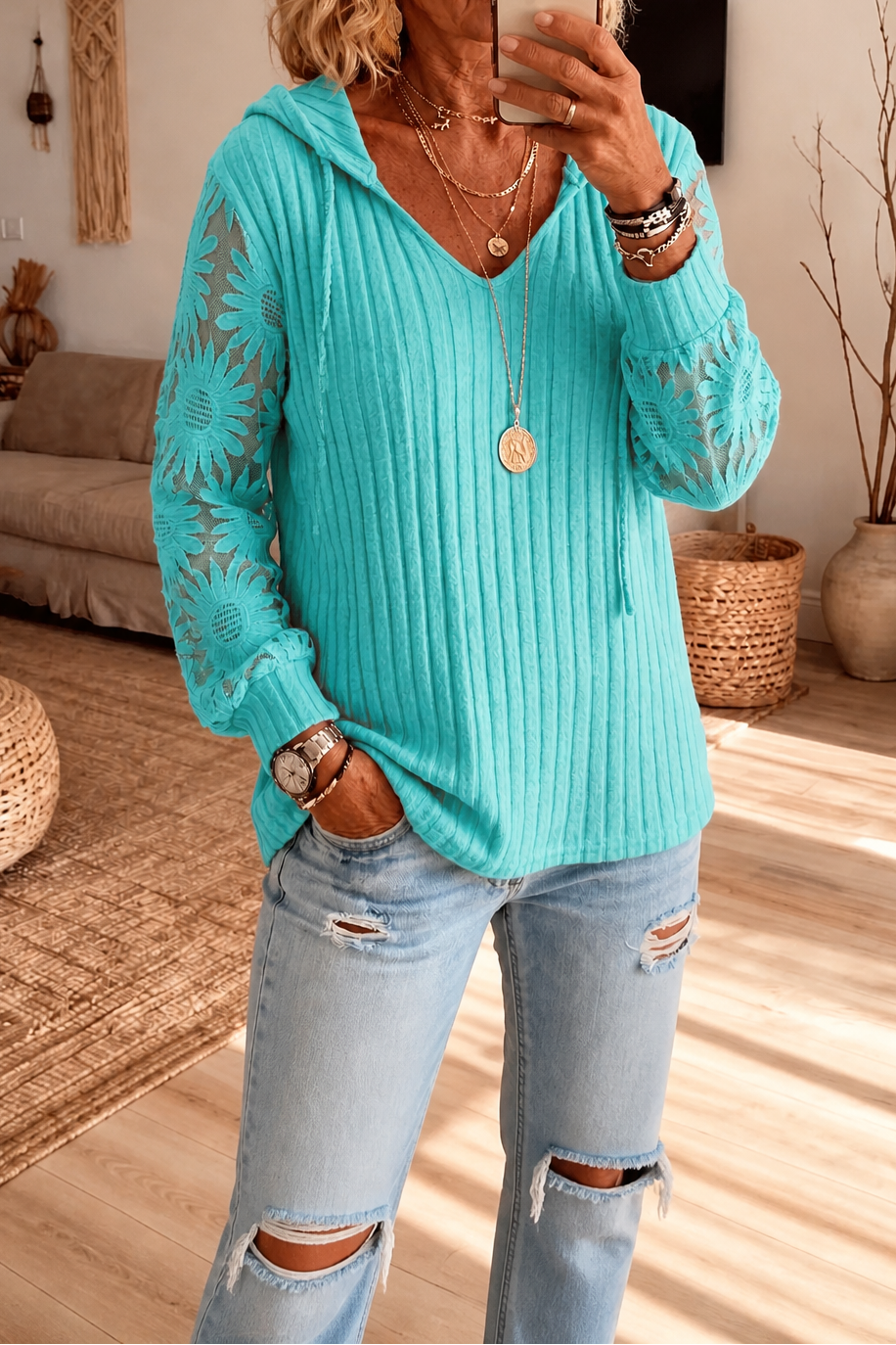 Lunetta – Kanten Mouwen Geribbelde Trui Hoodie Cardigan