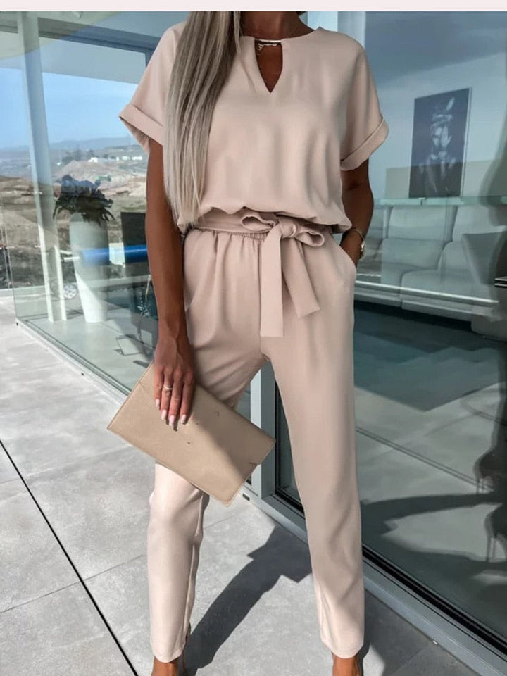 Elegante Jumpsuit Set Voor Dames Met Korte Mouwen En Ceintuur
