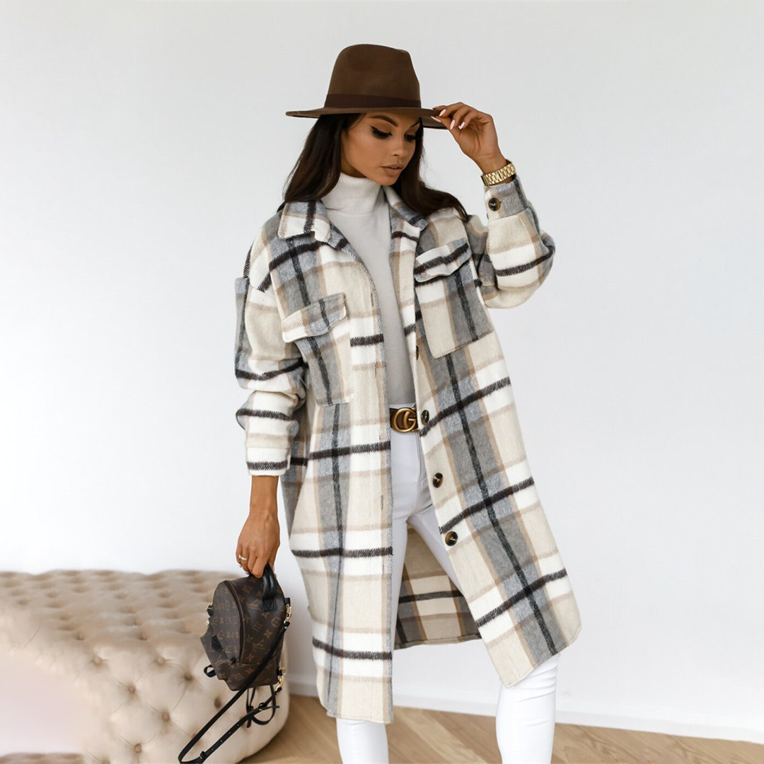 Chantal Mode | Dames Cozy Geruite Lange Jas