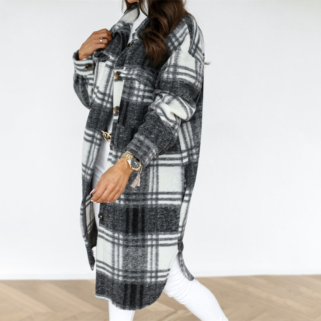 Chantal Mode | Dames Cozy Geruite Lange Jas