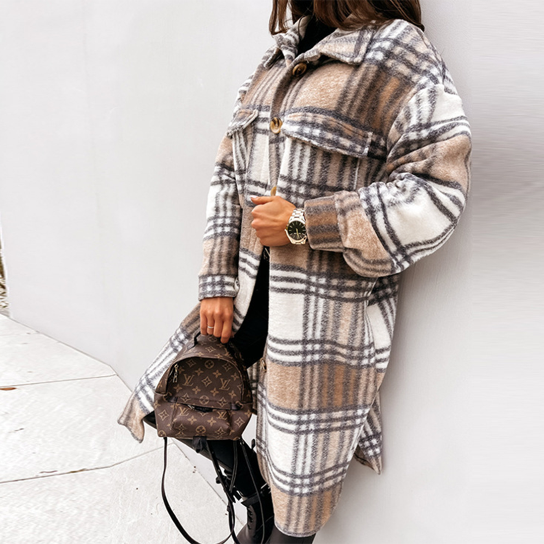 Chantal Mode | Dames Cozy Geruite Lange Jas