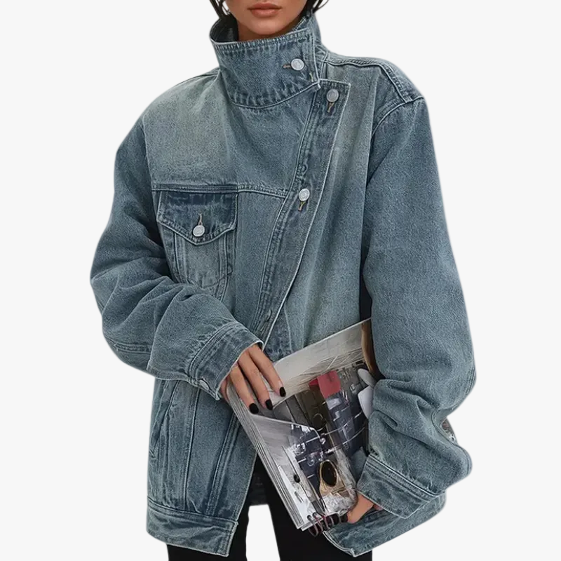 Dames Denim Jast met Asymmetrische Knopen en Staande Kraag
