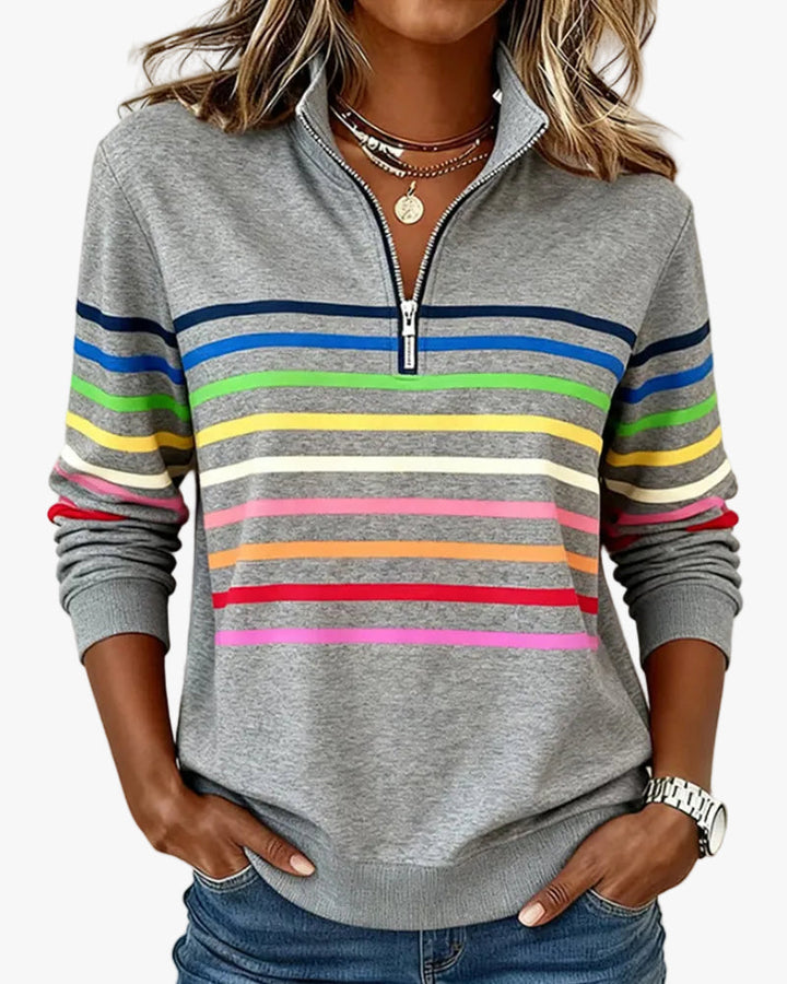 Dames Gebreide Pullover met Kwart Rits en Gestreepte Banden