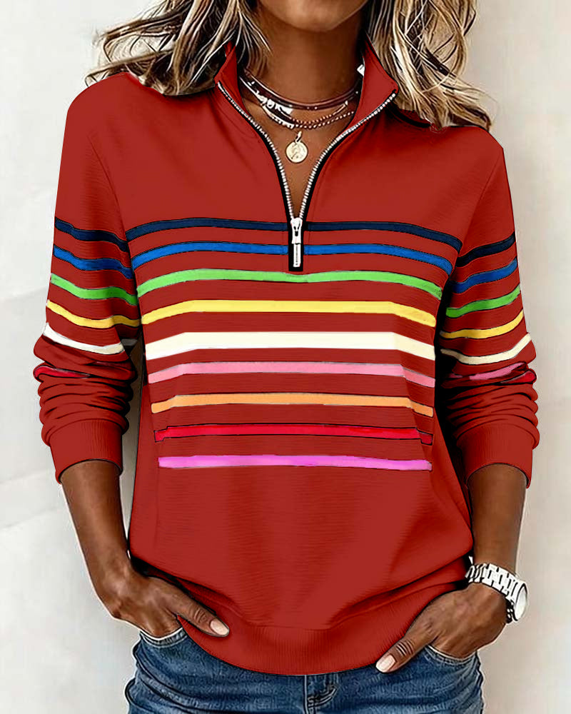 Dames Gebreide Pullover met Kwart Rits en Gestreepte Banden
