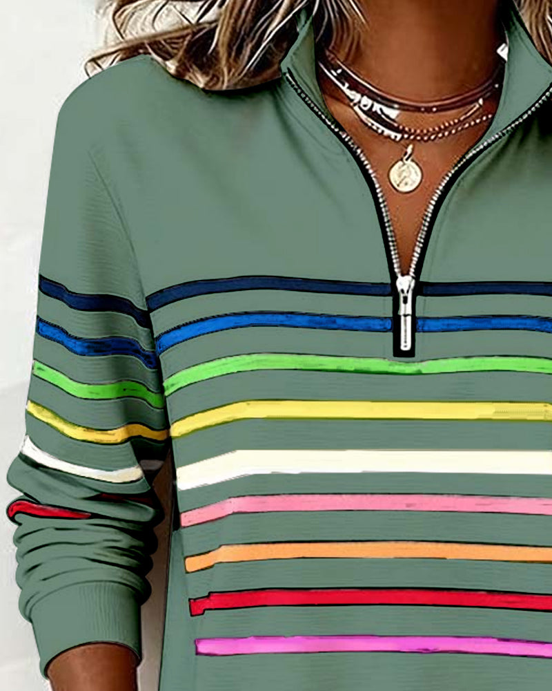Dames Gebreide Pullover met Kwart Rits en Gestreepte Banden