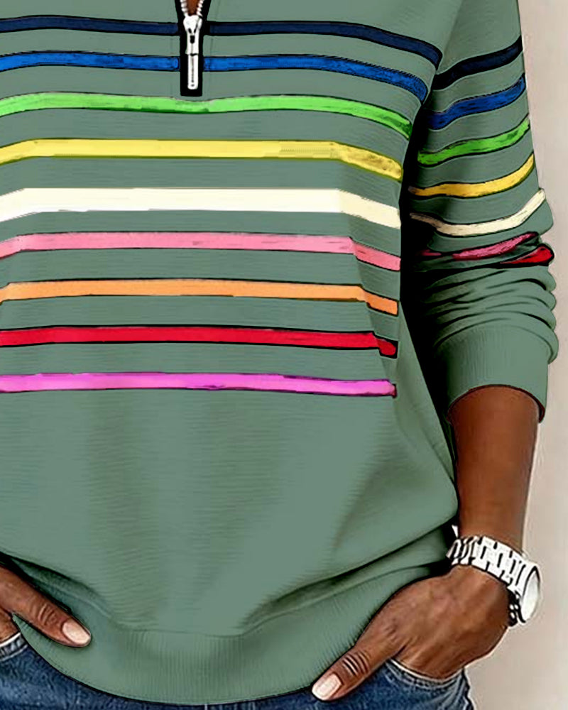 Dames Gebreide Pullover met Kwart Rits en Gestreepte Banden