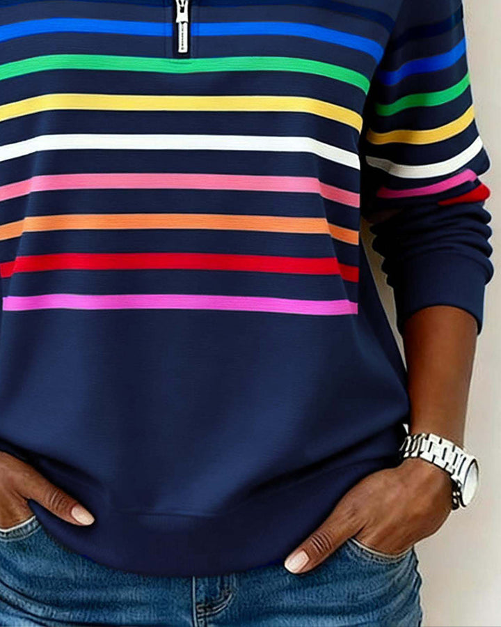 Dames Gebreide Pullover met Kwart Rits en Gestreepte Banden