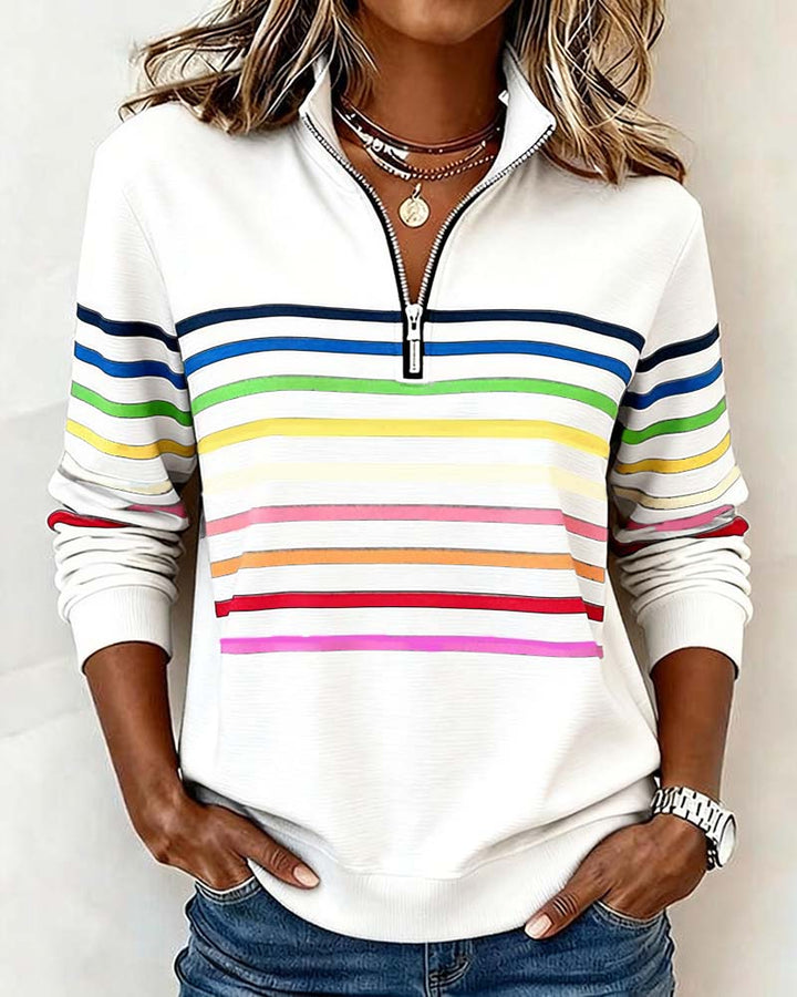 Dames Gebreide Pullover met Kwart Rits en Gestreepte Banden