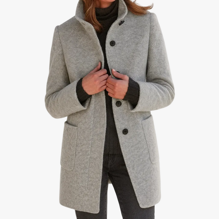 Dames Mid-Length Blend Jas met Opstaande Kraag en Paspelzakken
